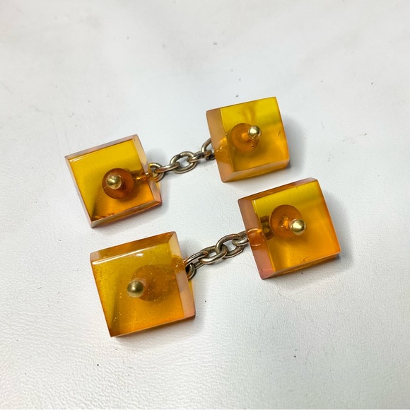 Vintage Carved Honey Amber Square Cufflinks - Picture 2 of 6